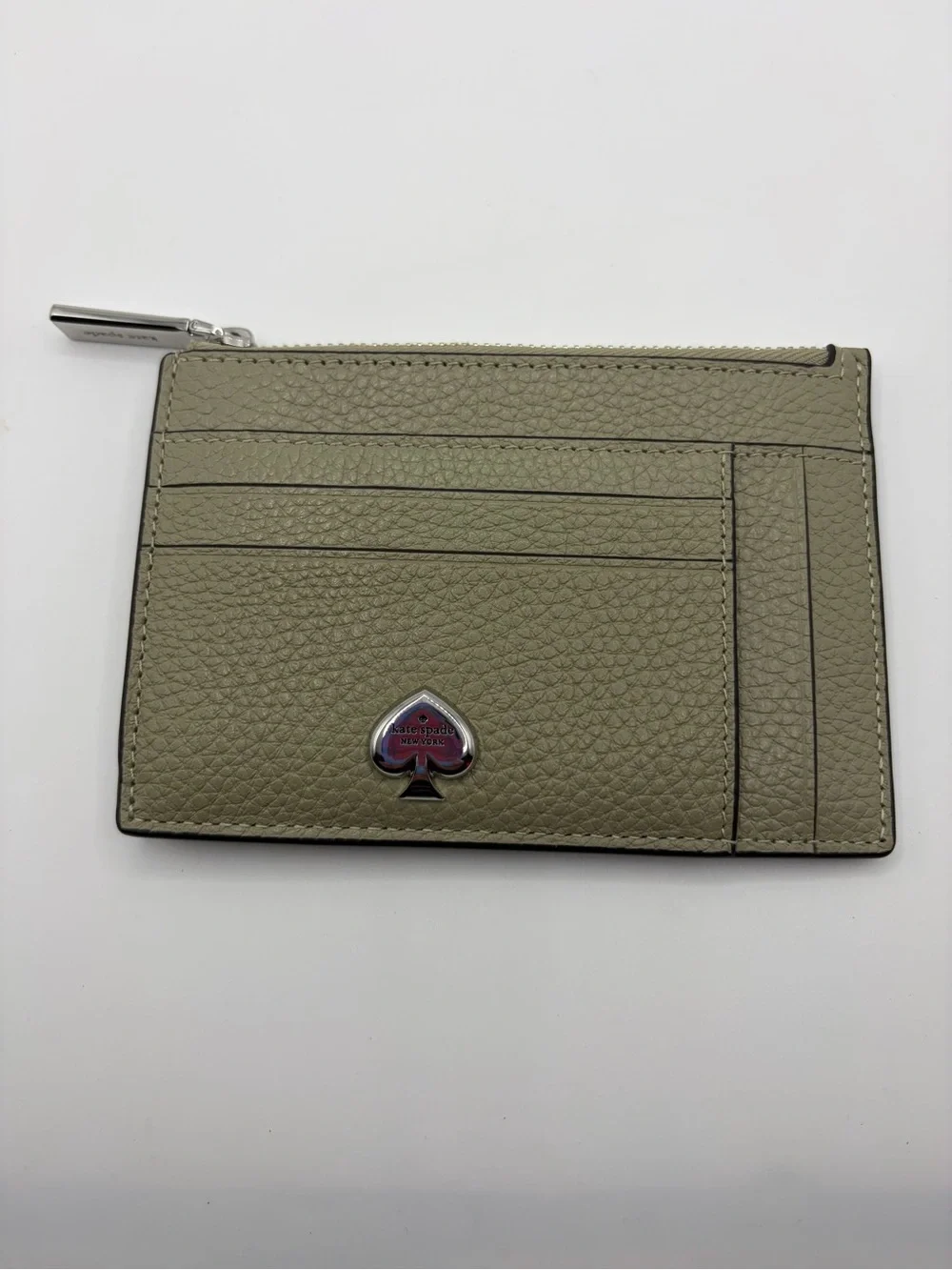 kate spade Olive Green Pebble Leather Card Holder with Spade Logo